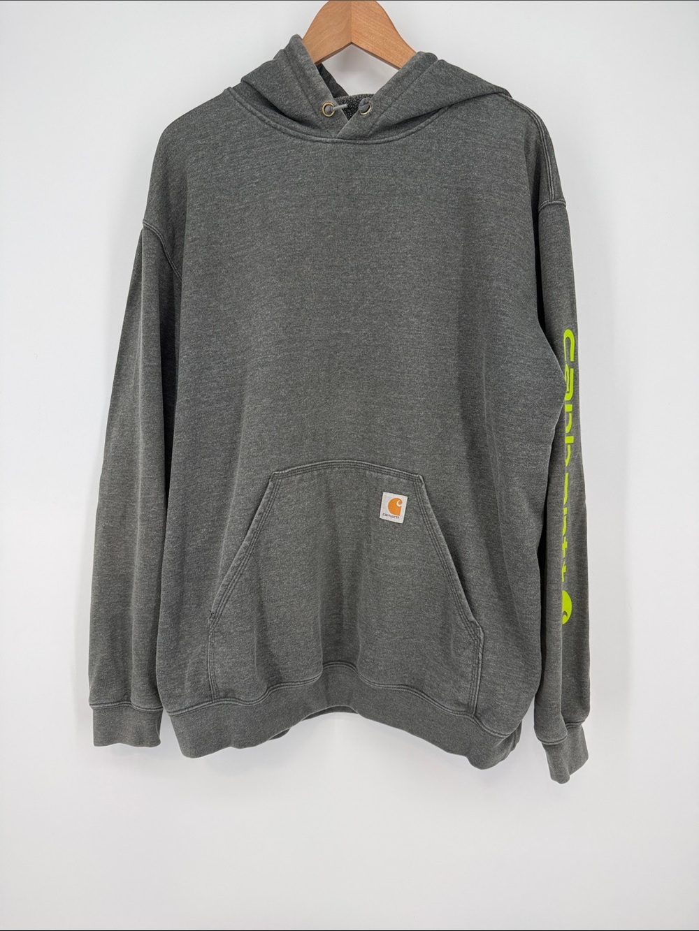 Carhartt Dark Gray Hooded Pullover with Neon Sleeve Logo Size XL